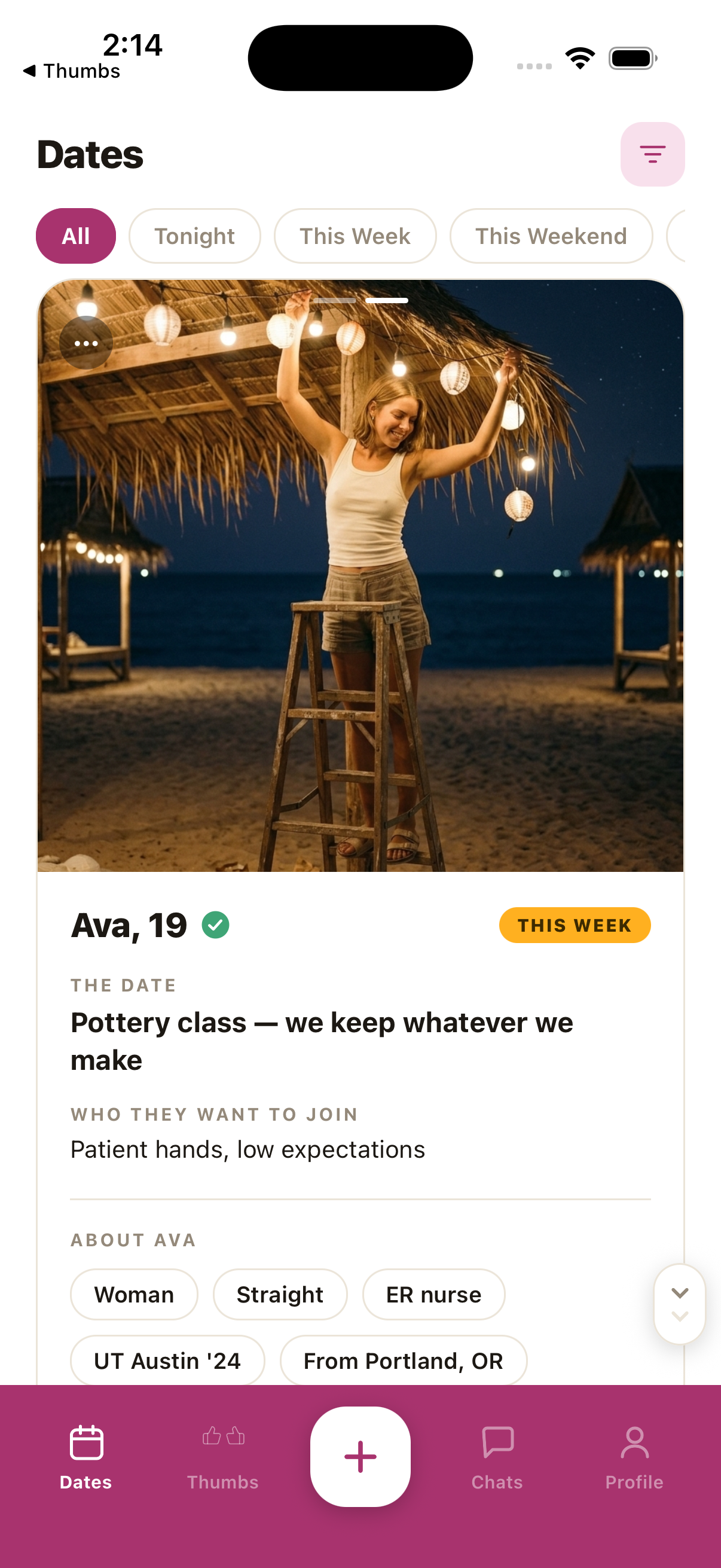 The Thumbs dates feed showing a real date post